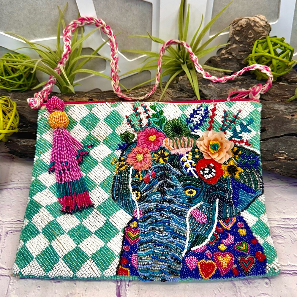 {Anthropologie} Beaded Embroider Elephant Pouch Clutch Purse Bag Moroccan Tassel